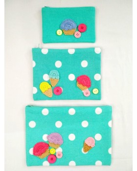 Happy Threads Cotton Storage Pouch with Hand Made Crochet Ice Cream (Blue) Comes in Set of 3